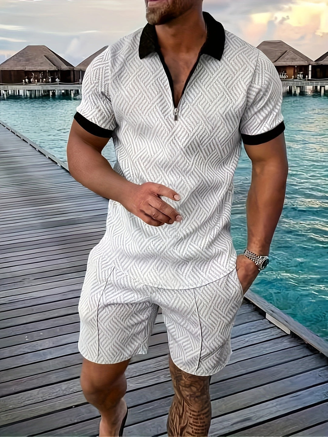 Man modeling a trendy jacquard shirt & shorts outfit set, perfect for stylish summer activities.
