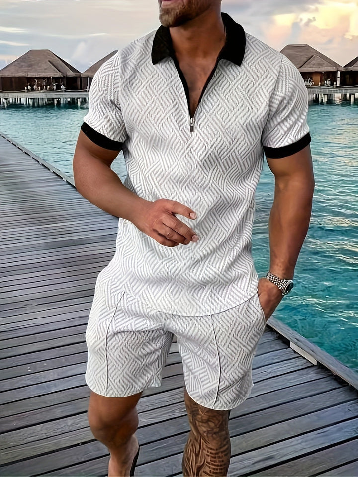 Man modeling a trendy jacquard shirt & shorts outfit set, perfect for stylish summer activities.