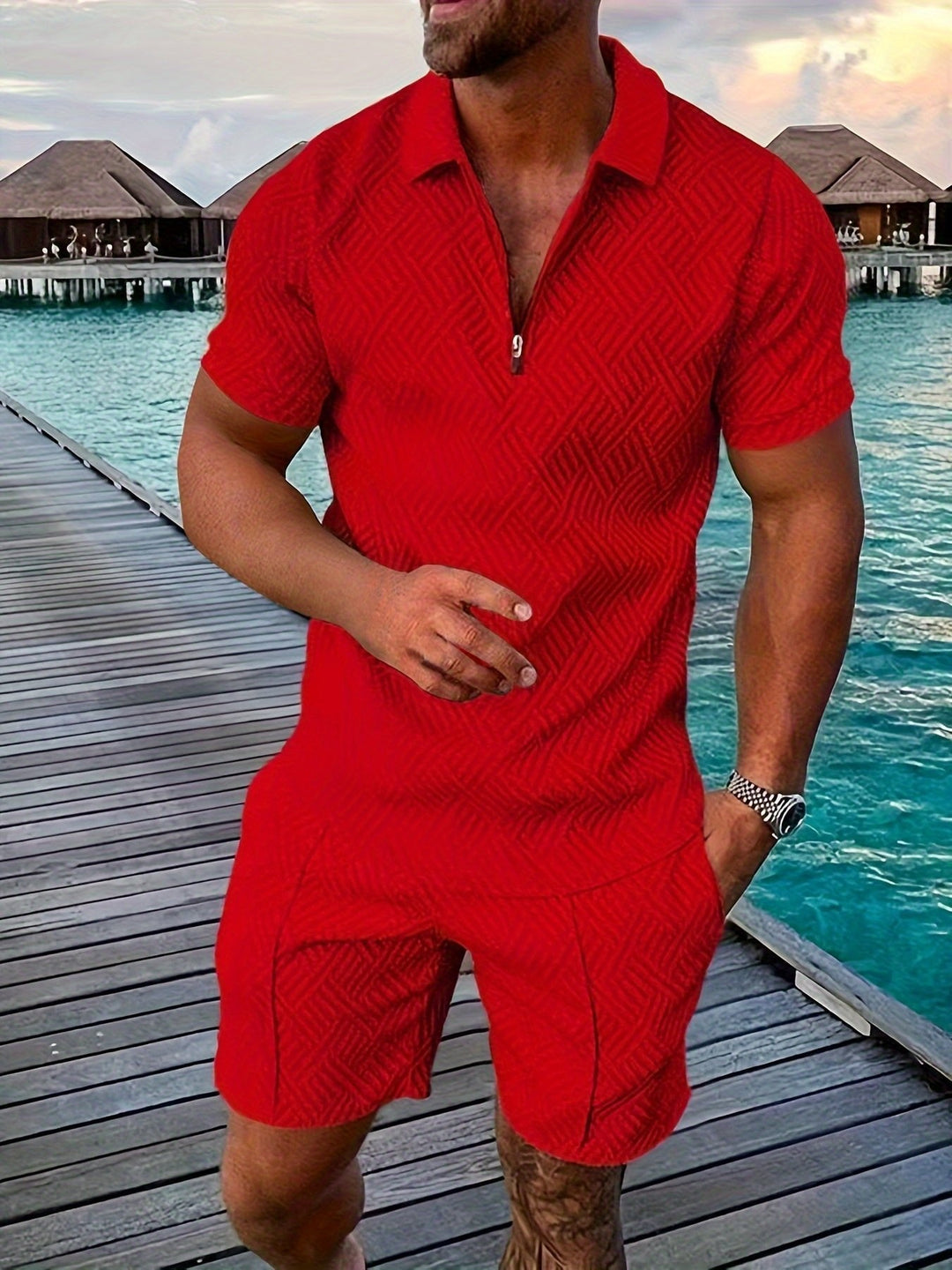 Patterned jacquard men's summer shirt and shorts matching set, a comfortable two-piece casual outfit.