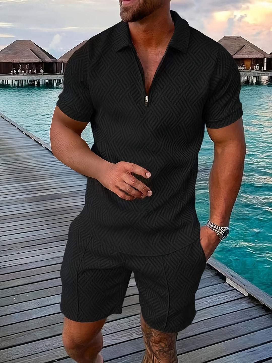 Complete men's jacquard shirt & shorts matching set, a stylish two-piece summer outfit for casual days.