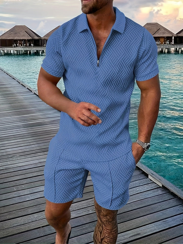 Fashionable men's jacquard two-piece summer outfit, featuring a stylish shirt & comfortable shorts.