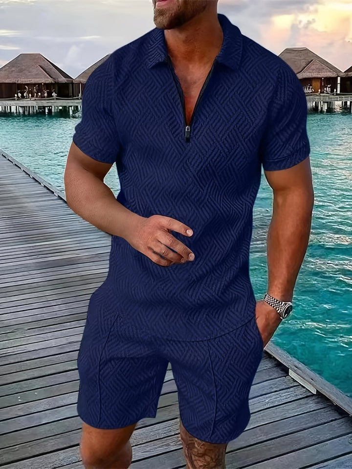 Men's jacquard shirt and shorts summer outfit set, a comfortable and stylish two-piece for men.