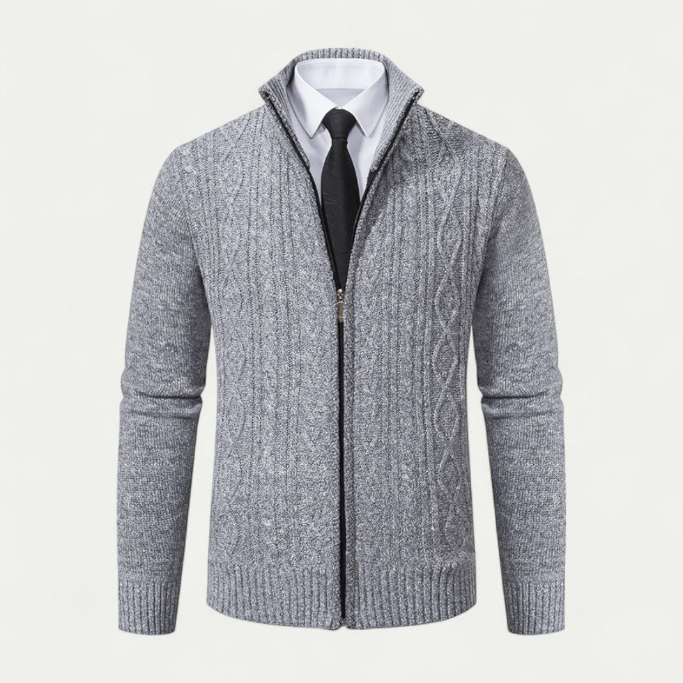 Men's stylish knitted zip cardigan, a versatile and comfortable layering piece for casual & smart-casual looks.
