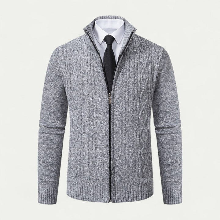 Men's stylish knitted zip cardigan, a versatile and comfortable layering piece for casual & smart-casual looks.