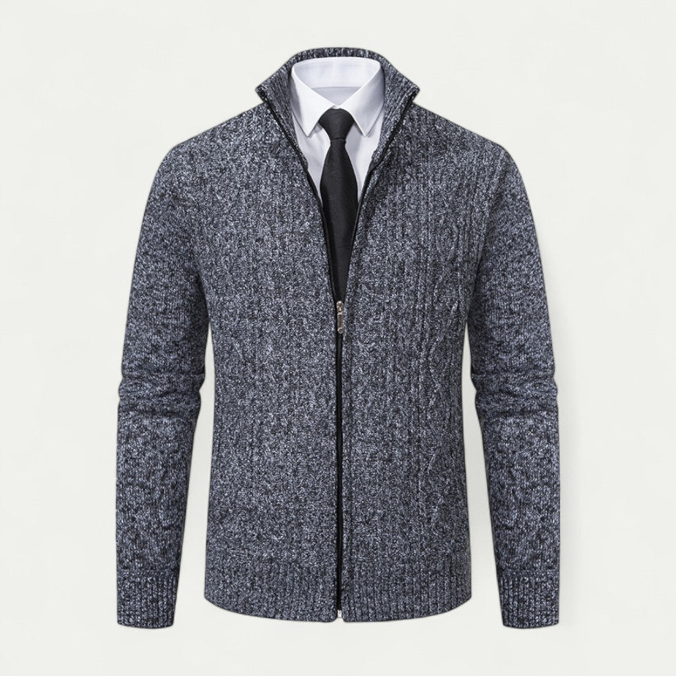 Classic men's knit zip cardigan, perfect for everyday comfort and modern smart casual layering. Soft feel.