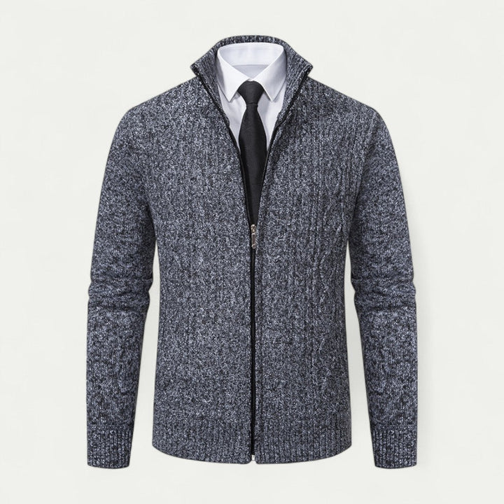 Classic men's knit zip cardigan, perfect for everyday comfort and modern smart casual layering. Soft feel.