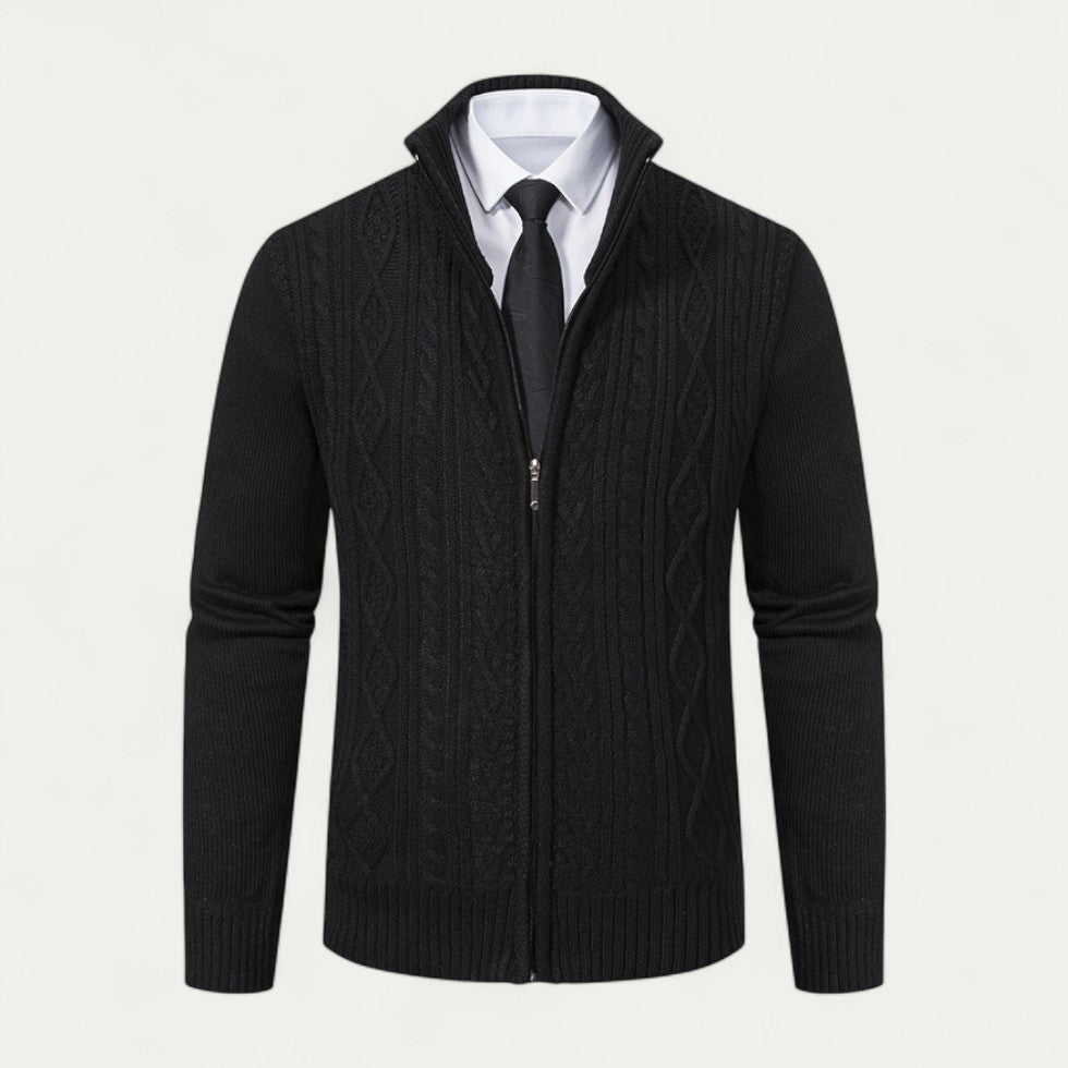 Modern men's zip-up knitwear cardigan, ideal for business casual, weekend, or versatile layering styles.
