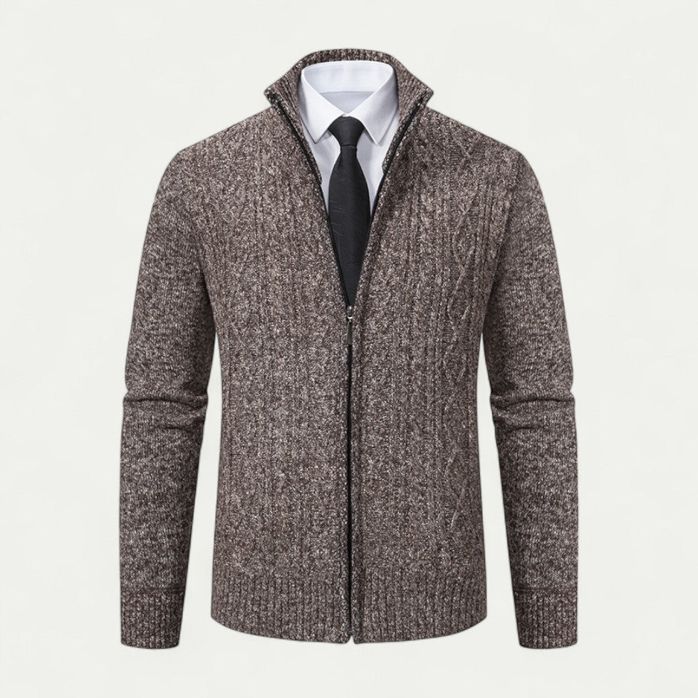 Comfortable men's fashion knitted zip cardigan, essential for versatile layering in smart or casual outfits.