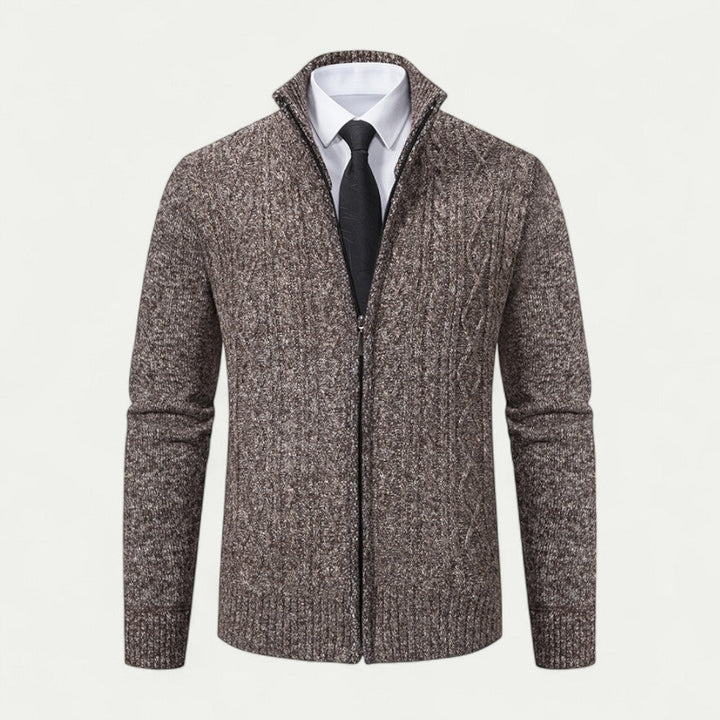 Comfortable men's fashion knitted zip cardigan, essential for versatile layering in smart or casual outfits.
