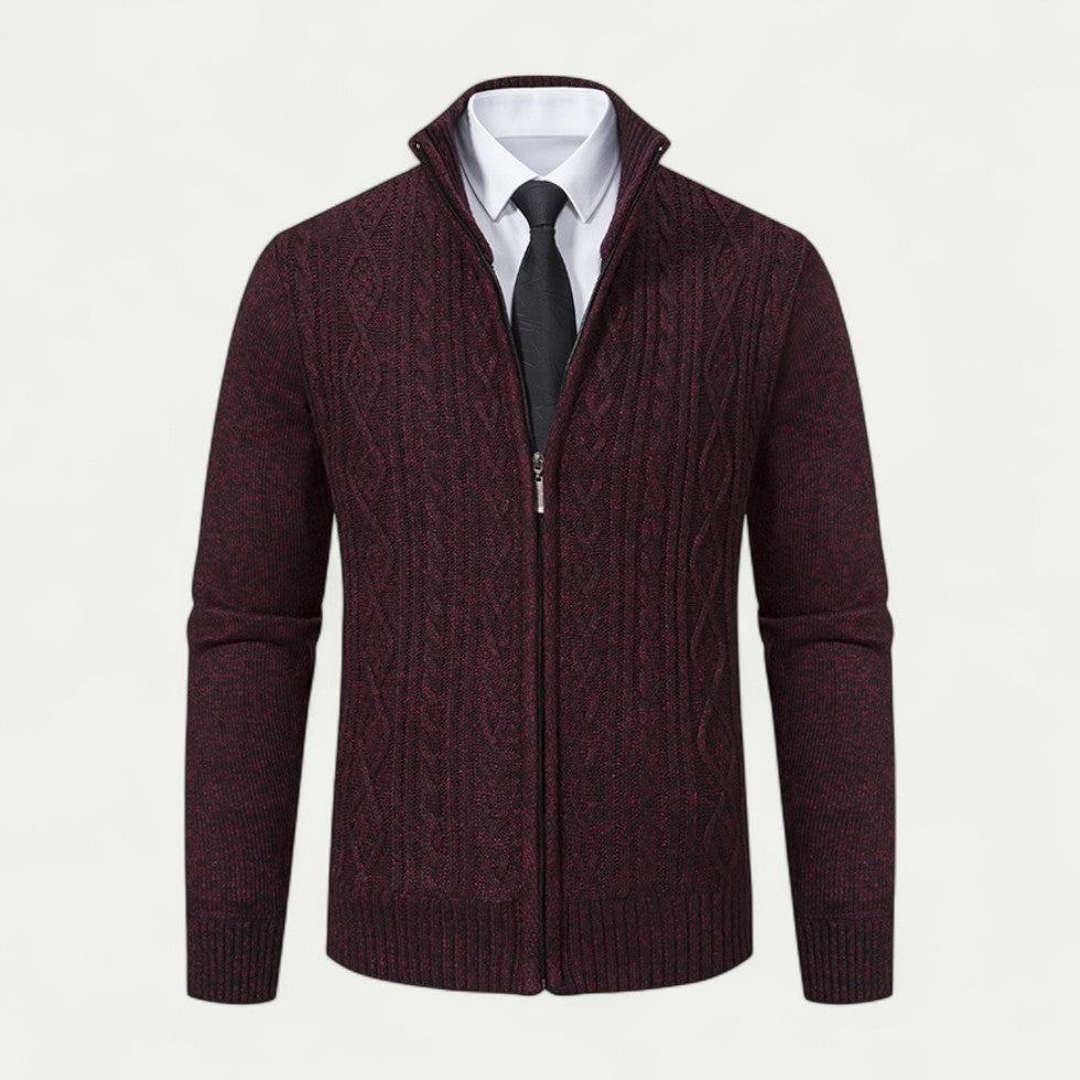 Contemporary men's full zip cardigan, a smart knitwear layer for warmth and modern versatile fashion.