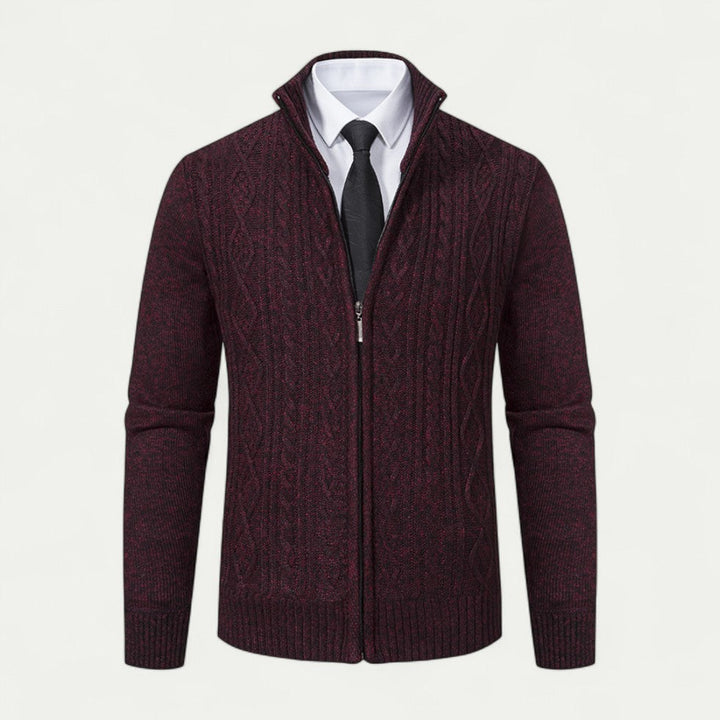 Contemporary men's full zip cardigan, a smart knitwear layer for warmth and modern versatile fashion.