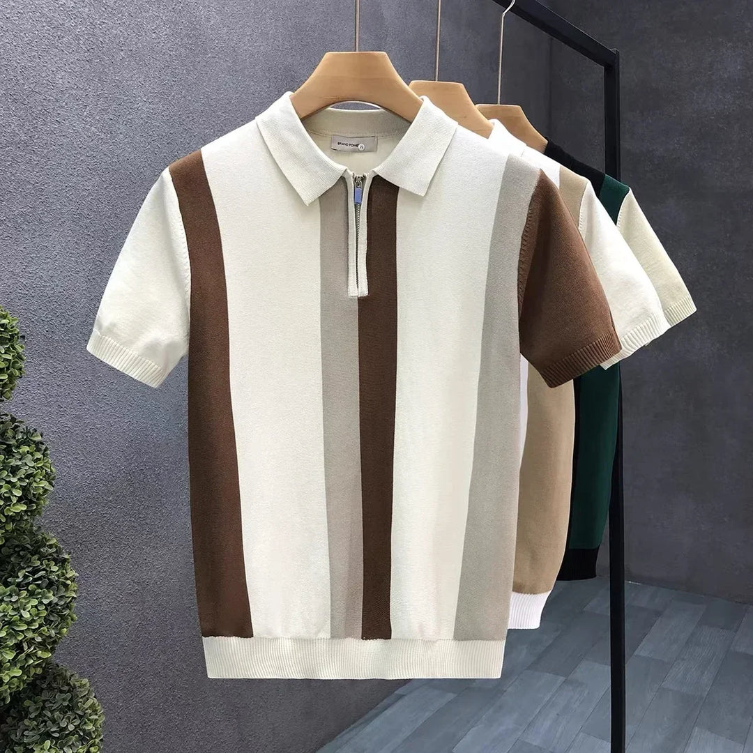 Men's stylish quarter-zip polo shirt, short sleeve, collared, perfect for modern smart casual fashion.