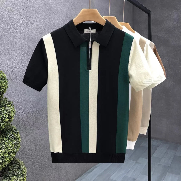 Versatile men's striped quarter-zip polo, comfortable, short sleeve, ideal for everyday casual wear.
