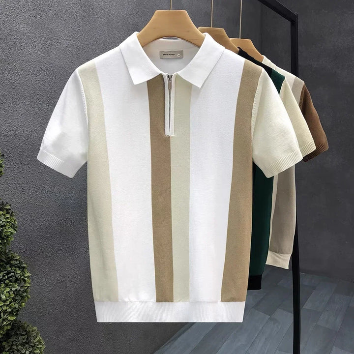 Modern men's zip polo shirt with a stylish collar and short sleeves, suitable for a clean, fashionable look.