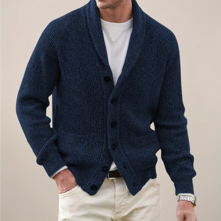 Men's stylish shawl collar cardigan, a versatile knit sweater for elegant layered looks. Perfect for fall & winter fashion.