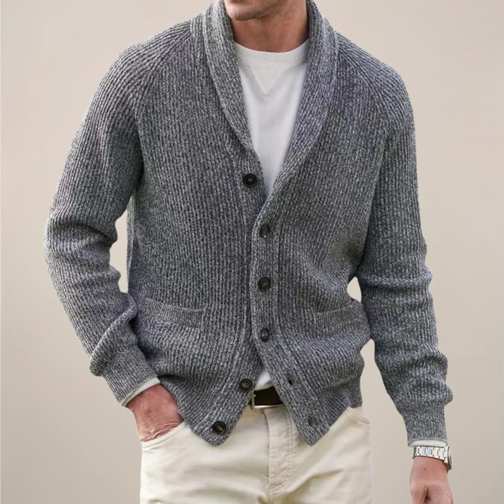 Button-front men's shawl collar cardigan in a soft knit, ideal for casual wear or elegant fall and winter outfits.