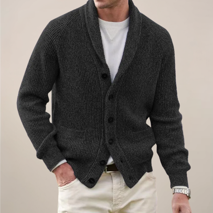 Cozy men's knit shawl collar cardigan, a warm and stylish fall/winter wardrobe essential for a sophisticated look.