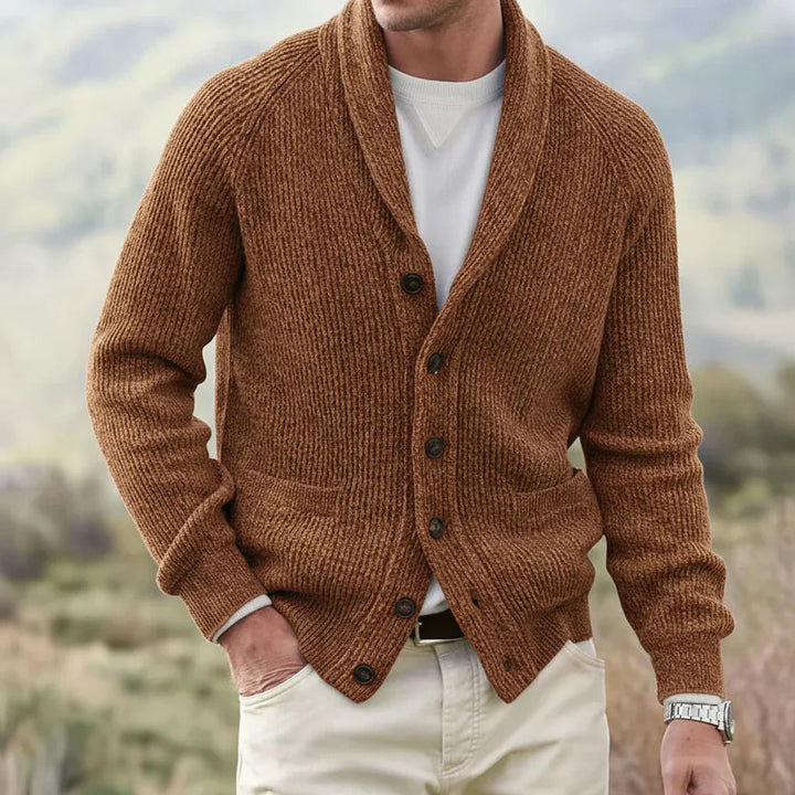 Fashionable men's shawl collar cardigan, a versatile knit sweater enhancing any layered look for casual or elegant occasions.