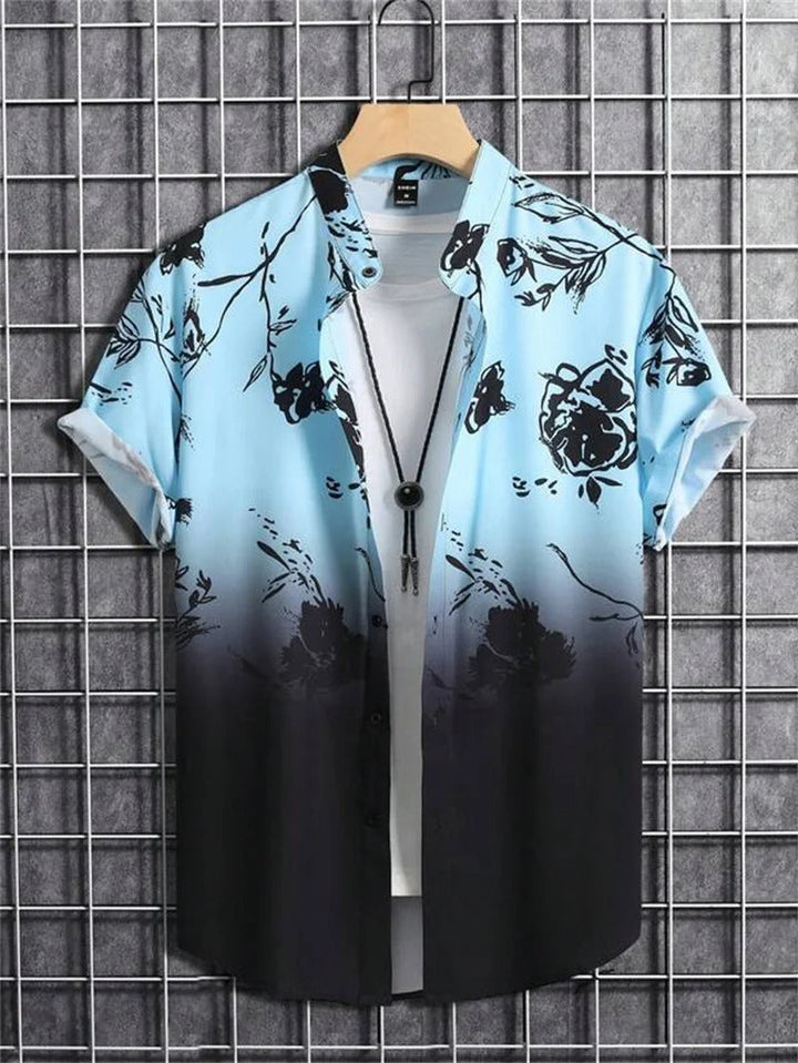 Trendy short-sleeve men's button-down shirt with a unique summer print.