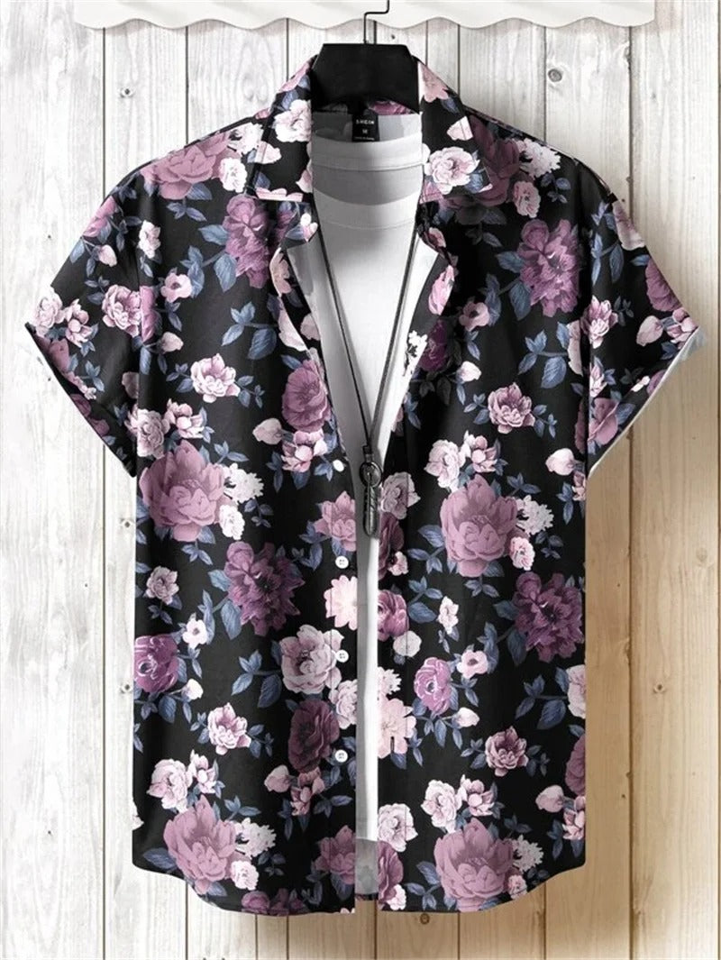 Lightweight men's patterned summer shirt, short-sleeve and breathable for warm weather.