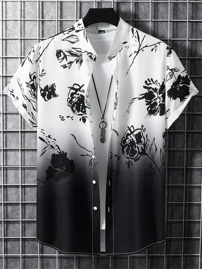 Trendy men's lightweight summer shirt, patterned and short-sleeve button-down style.