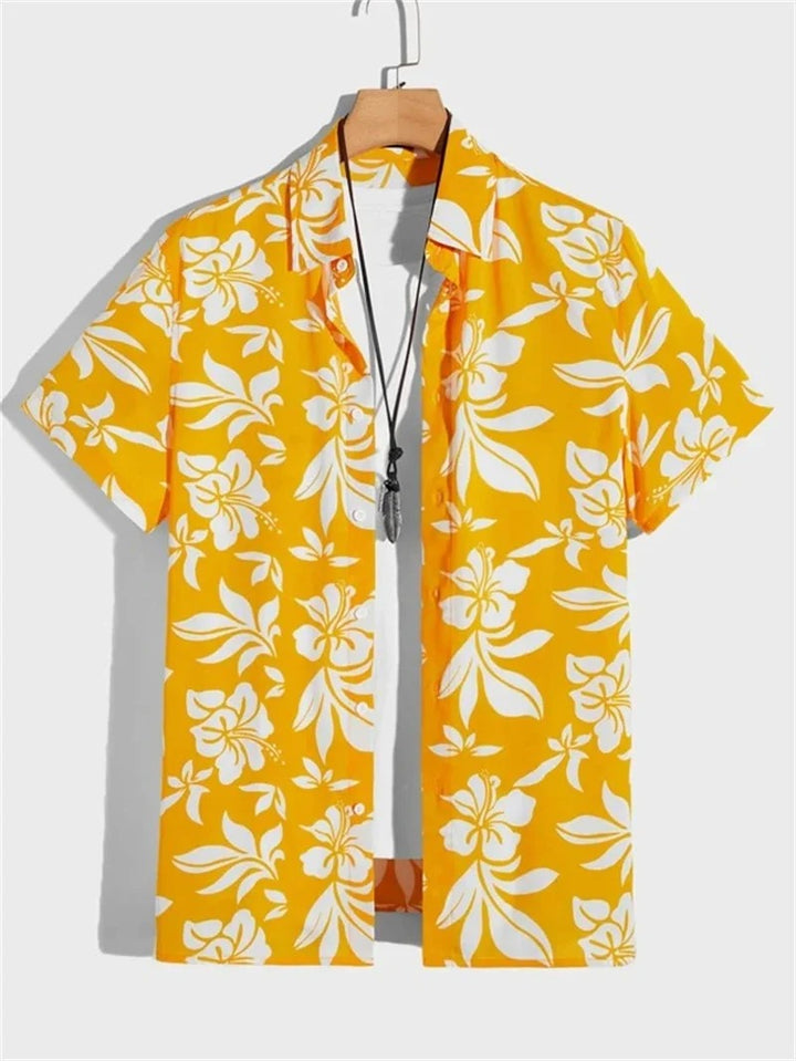 Men's summer shirt, short-sleeve button-down with a vibrant print for casual wear.