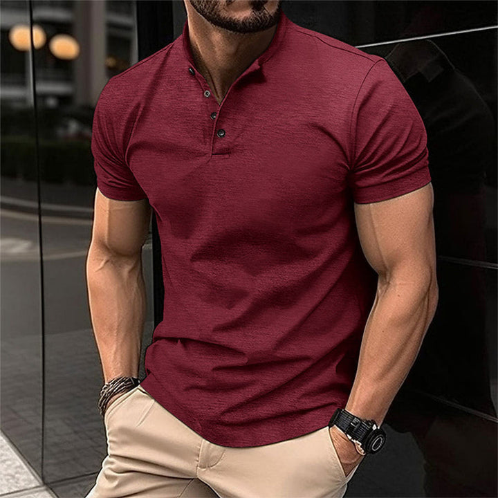 Comfortable short sleeve men's Henley polo, ideal for everyday style and warm weather fashion.