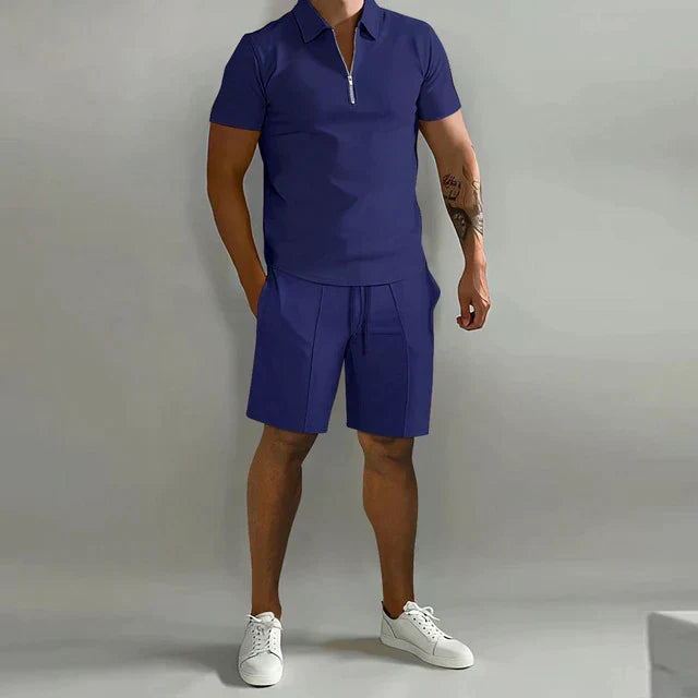 Lightweight men's casual summer polo shirt, part of a comfortable & stylish two-piece outfit.