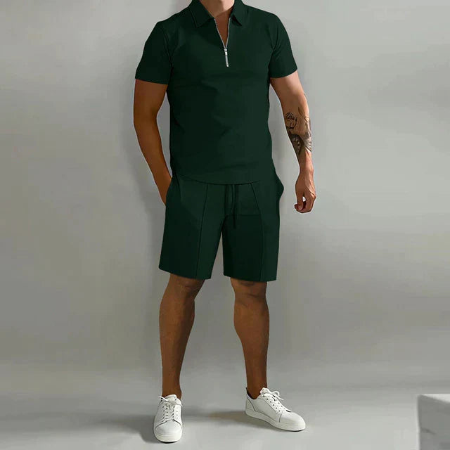 Comfortable men's summer shorts, paired with a matching polo shirt in a smart casual two-piece set.