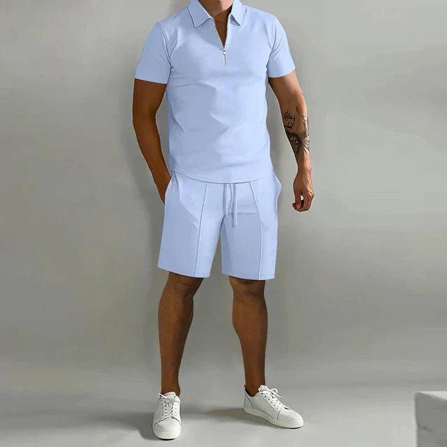 Modern men's summer two-piece outfit: a comfortable polo shirt and matching shorts for a stylish look.