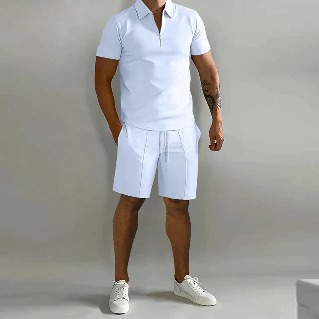 Versatile men's casual summer set featuring a polo shirt & shorts, ideal for relaxed or smart casual wear.