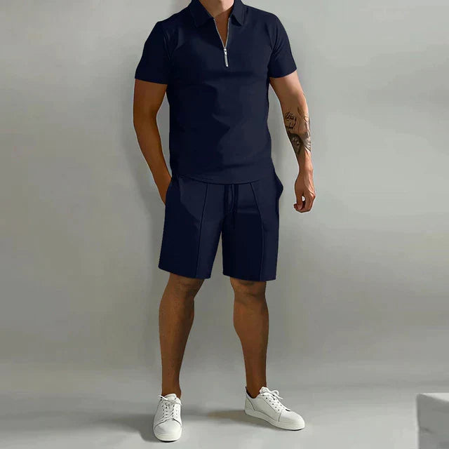 High-quality men's summer two-piece set with a comfortable polo and stylish shorts for a smart casual look.
