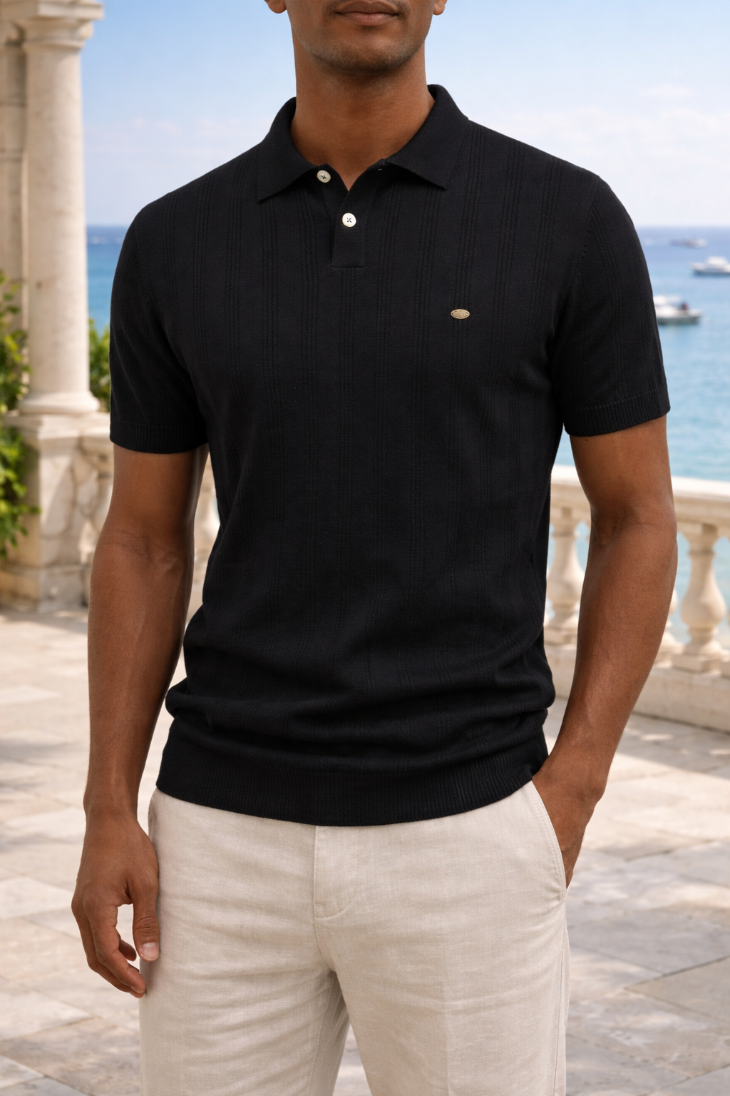 Versatile men's short sleeve polo shirt with a structured, textured fabric. Ideal for modern casual and summer fashion.