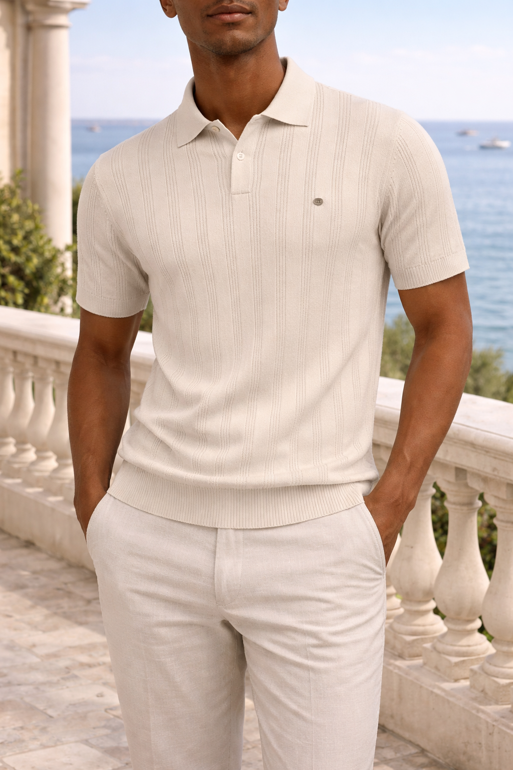 Stylish men's button-up polo with a comfortable structured fit. Essential short sleeve top for smart casual summer outfits.