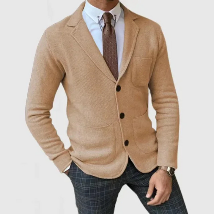 Stylish men's notch lapel blazer, a versatile two-button jacket for formal events, office, or casual outfits.