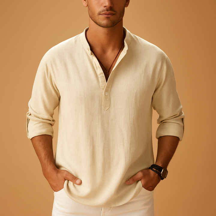 Men's stylish V-neck long sleeve shirt. Casual refined top for everyday comfort & versatile menswear fashion.