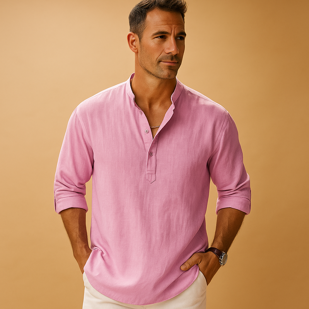 Men's casual V-neck long sleeve shirt, perfect for spring, summer, or smart casual wear. Versatile menswear.