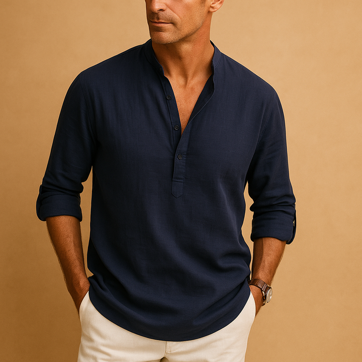 Comfortable men's V-neck long sleeve shirt. Stylish, buttonless design for casual & refined everyday wear.