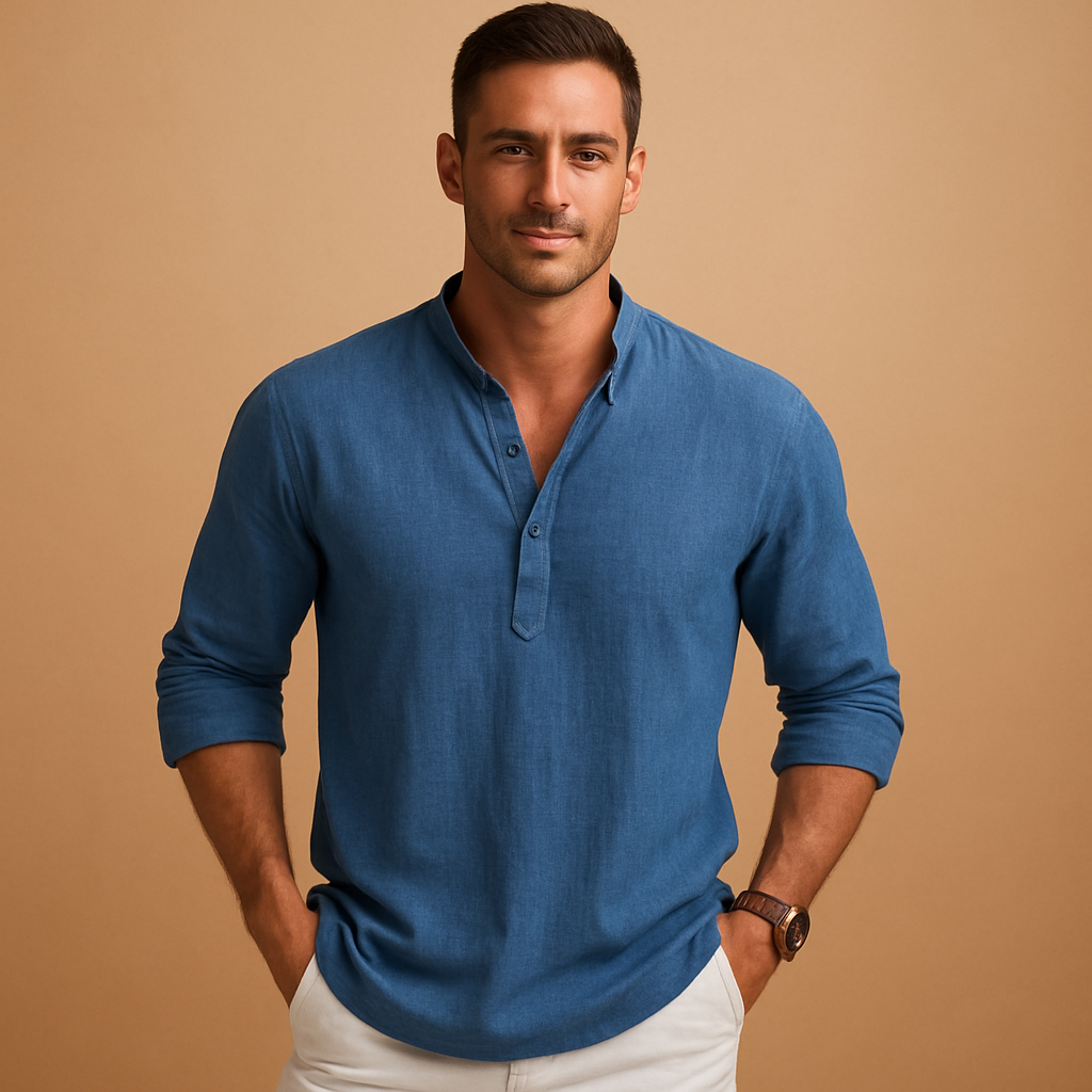 Refined men's V-neck long sleeve shirt. Simple, stylish top for casual wear & versatile men's everyday comfort.