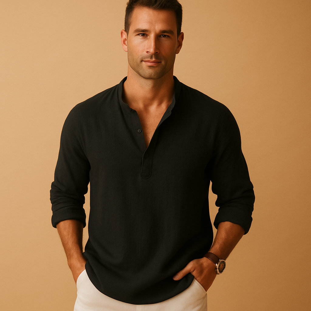 Men's long sleeve V-neck shirt. Stylish casual top, perfect for versatile spring/summer fashion & smart-casual looks.
