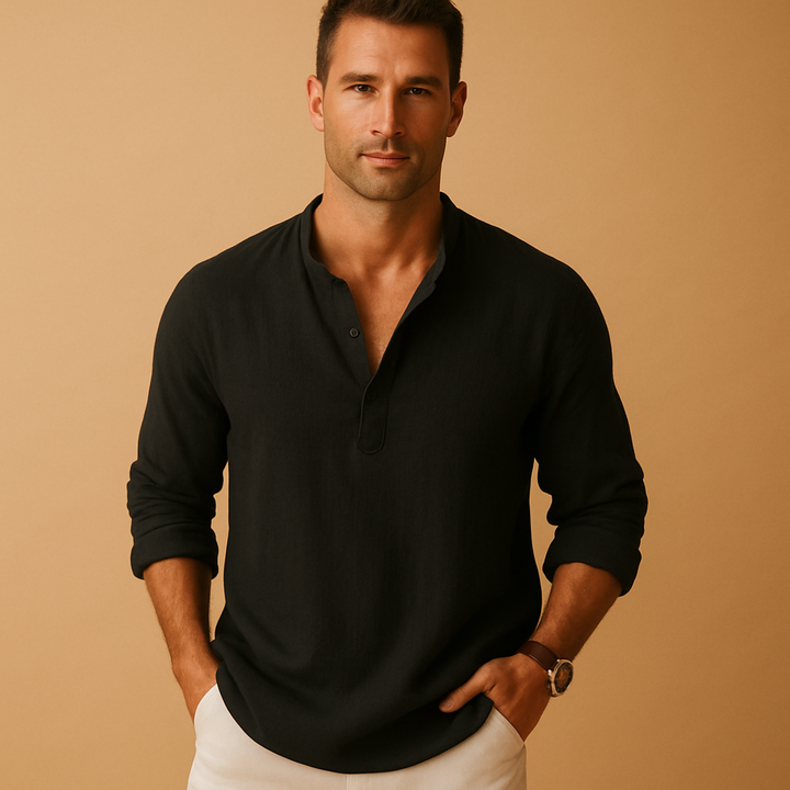 Men's long sleeve V-neck shirt. Stylish casual top, perfect for versatile spring/summer fashion & smart-casual looks.