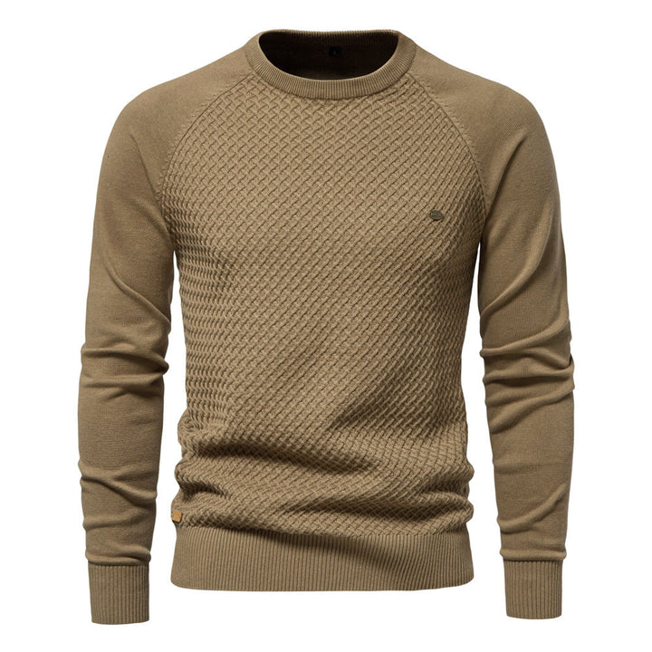 Men's versatile waffle knit cotton blend crewneck sweater, ideal for layering and casual style