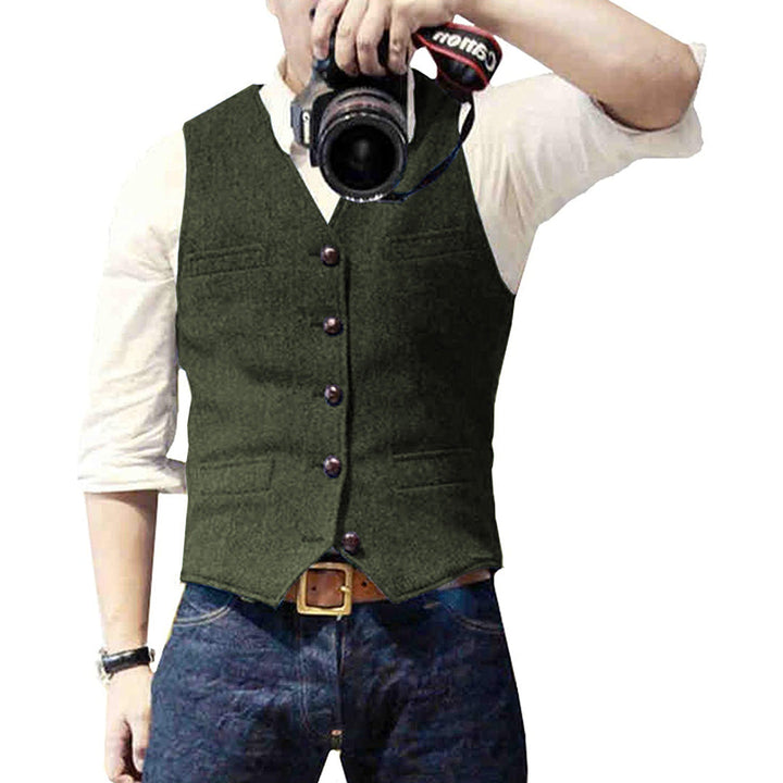 Black men's wool blend gilet vest, a classic and stylish tailored vest for formal or smart casual wear.