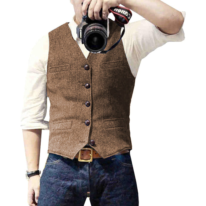 Stylish men's wool blend gilet vest in a rich color, showcasing its tailored fit and versatile design.