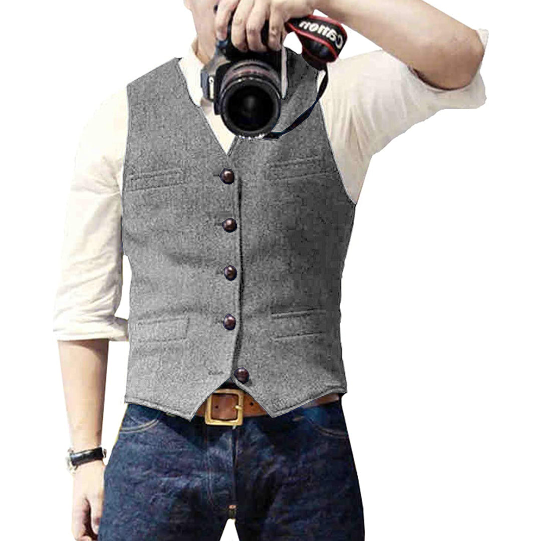 Textured men's wool blend gilet vest close-up, highlighting quality fabric for smart casual fashion.