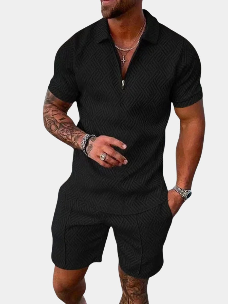 Men's stylish zip polo & shorts co-ord set. Perfect for summer casual wear, a complete two-piece warm weather outfit.