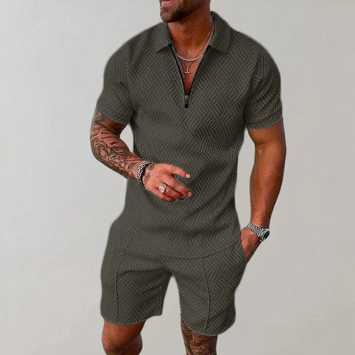 Fashionable men's summer outfit set featuring a stylish zip polo and coordinating shorts for a complete casual look.