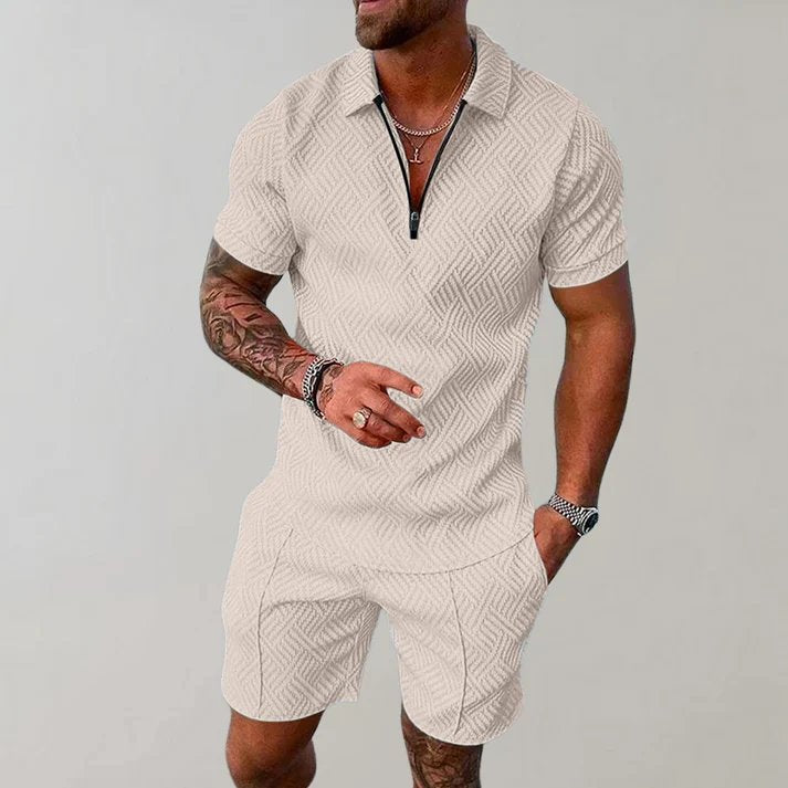 Men's casual short set with a zip polo shirt and matching shorts. A comfortable and stylish two-piece summer outfit.