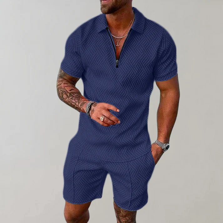 Versatile men's co-ord set: zip polo top & shorts. Great for leisure, summer outings, and stylish warm weather fashion.