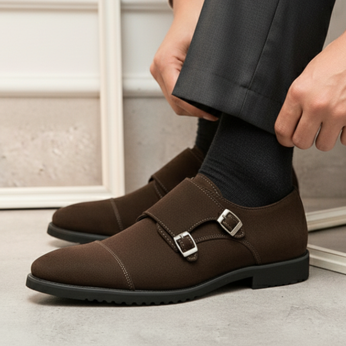 Close-up of a men's navy blue suede double monk strap shoe with polished buckles.